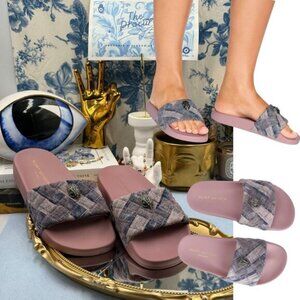 🆕 KURT GEIGER LONDON 🧿 NWOB Pink Bleach Denim Meena Eagle Slides, Sz EU37 US 7